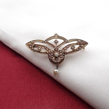 Antiek gouden Victoriaanse broche met parels, Gebruikt, Ophalen of Verzenden, Met edelsteen, Goud