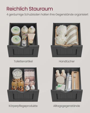 VASAGLE Smalle Ladekast - Grijze Badkamerkast met 4 Lades, Verzenden, Nieuw