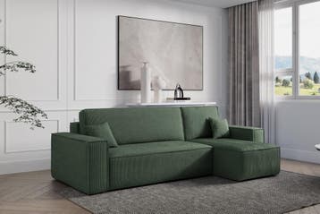 Hoekbank Ribstof Karlo Groen | Universeel | €449,-, Hout, Hoekbank, 200 tot 250 cm, 100 tot 125 cm