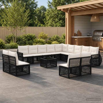 vidaXL Tuinbankenset 14 st Zwart en Cream Wit poly rattan, Verzenden, Nieuw, 4 zitplaatsen