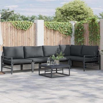 vidaXL Tuinbankenset met kussen 6 pcs Zwart Staal, Verzenden, Nieuw, Rvs, 6 zitplaatsen