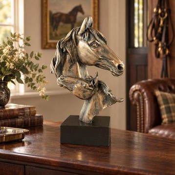 Beeld, Dubbele paardenkop op sokkel - zwart en brons - 44 cm