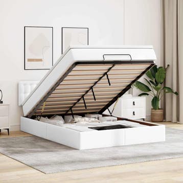 vidaXL Bed poef met matrassen en LEDs 140x190cm kunstleer, Overige materialen, Verzenden, Wit, Nieuw