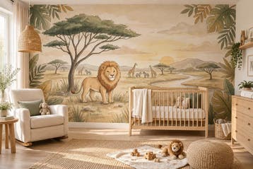 Leeuw behang babykamer – safari fotobehang op maat, Verzenden, Fotobehang