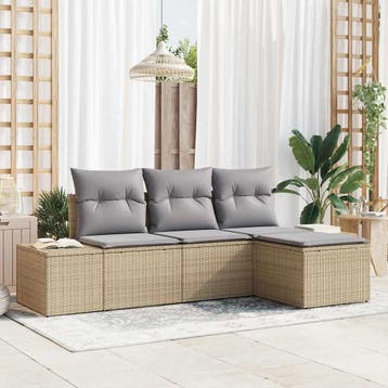 vidaXL Tuin Sofa Set met kussen 4 pcs Beige poly rattan, Verzenden, Nieuw, Rotan, 4 zitplaatsen