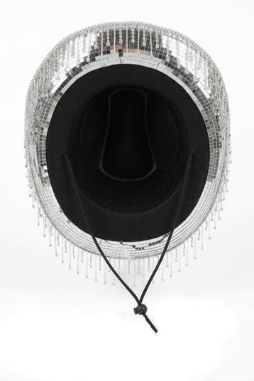 KIMU® Cowboyhoed Spiegeltjes Fringe Zilver Disco Hoed Franje, Hobby en Vrije tijd, Ophalen of Verzenden, Nieuw, Feestartikel, Carnaval