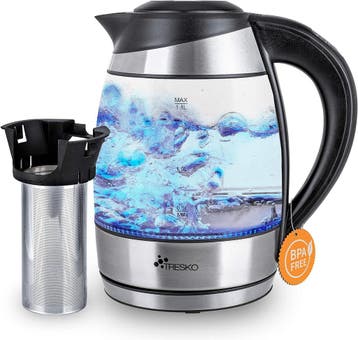 Waterkoker glas - met LED - 1.8L - 2200W - Zilver - TRESKO, Witgoed en Apparatuur, Waterkokers, Verzenden, Zo goed als nieuw
