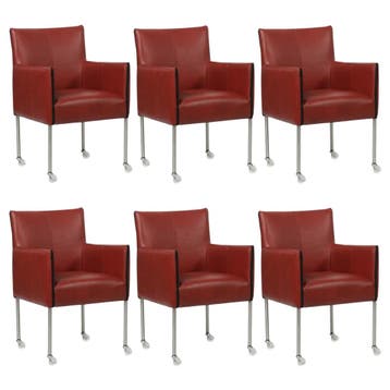 Set van 6 Leren eetkamerstoelen More - Granada Rouge (rood), Huis en Inrichting, Stoelen, Ophalen of Verzenden, Nieuw, Leer