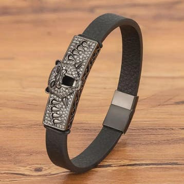 Heren Lederen Armband met Leopard Hoofd & Kristallen - Vinta