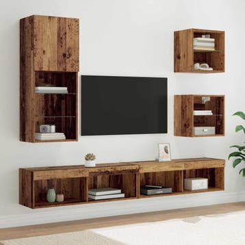 vidaXL TV Wand Eenheden met LED 5 st Oud Hout 100 x 30 x 30, Minder dan 50 cm, Verzenden, Nieuw, Minder dan 100 cm