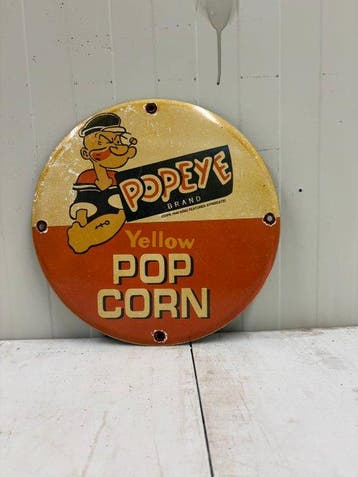 Popeye Yellow Pop Corn – Rond Emaille Reclamebord - Emaille, Nieuw in verpakking