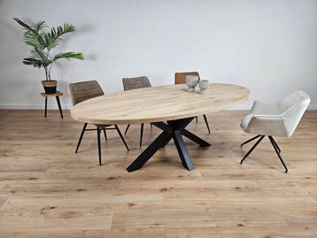Eiken ovale tafel eettafel met Industriele onderstel, 100 tot 150 cm, Vijf personen of meer, Eikenhout, Ovaal