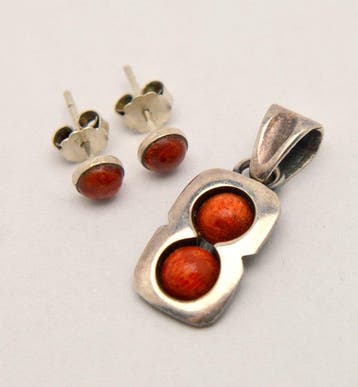 Koraal - 925 zilver - rode koraal set: stud oorbellen en
