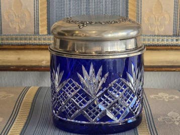Doos - .833 zilver - Blauwe geslepen kristallen pot