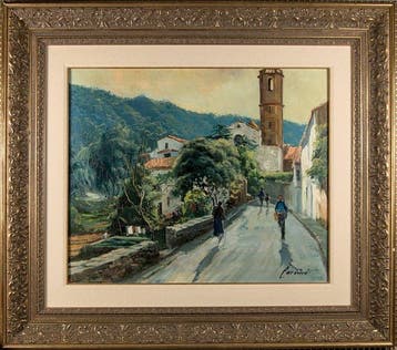 Albert Carnicé (XX) - Catalan Village Street with Bell Tower