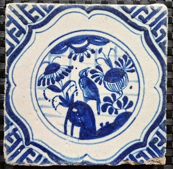 Tegel - Antieke tegel met Chinese tuin. - 1600-1650