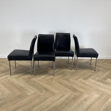 Complete set van 4 eetkamestoelen,  donker blauw - rvs poot, Ophalen of Verzenden, Gebruikt, Leer