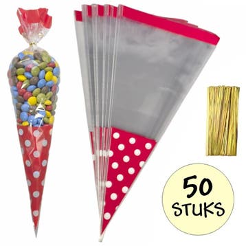 Fako Bijoux - 50x Cellofaan Puntzakken Rode Stippen 37x18cm, Diversen, Verzenden, Nieuw