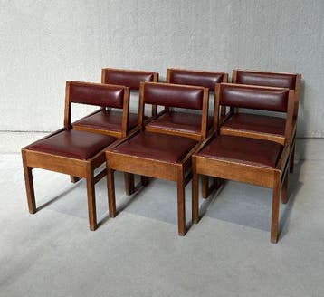Stoel - hard hout, Synthetisch leder - Set van zes vintage