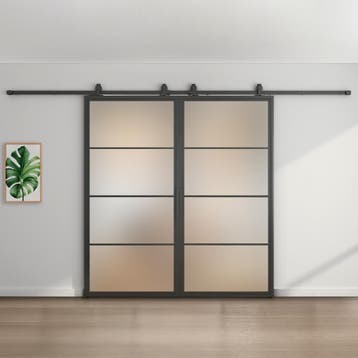 Dubbele stalen schuifdeur - Zwart - 4 Vlaks - Mat glas*, Doe-het-zelf en Verbouw, 75 tot 150 cm, Nieuw, 150 tot 225 cm, Metaal