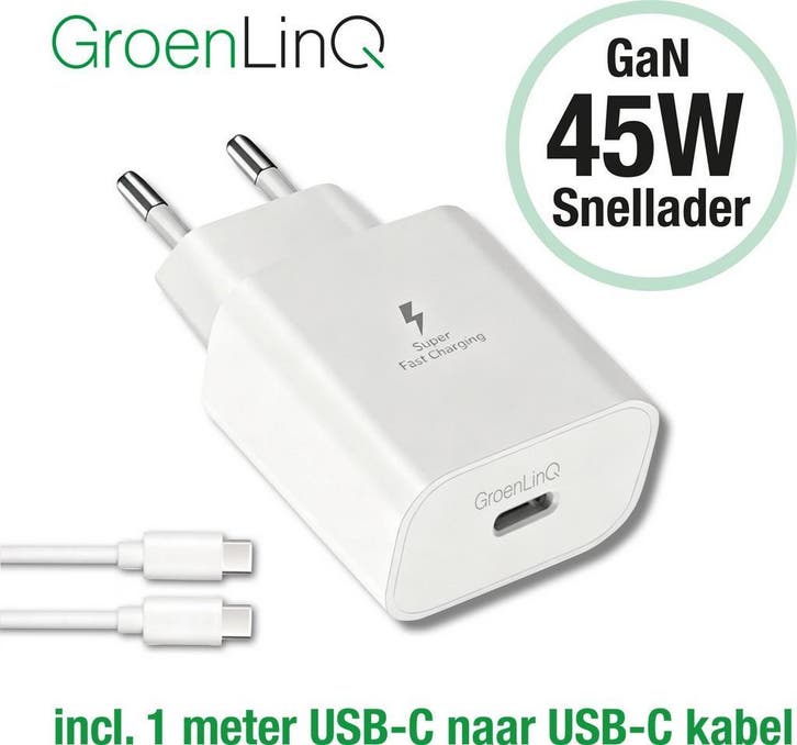 GroenLinQ 45W USB-C Snellader + 1m USB-C  USB-C Kabel, Telecommunicatie, Mobiele telefoons | Telefoon-opladers, Apple iPhone, Nieuw