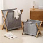 Opvouwbare Wasmand met Houten Frame – Katoen en Linnen, Japa, Huis en Inrichting, Badkamer | Badkamermeubels, Verzenden, Nieuw