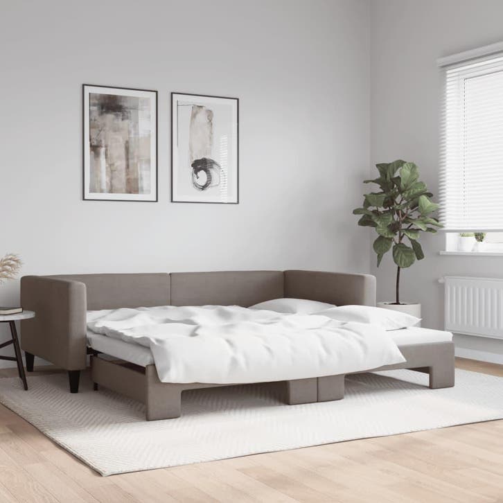 vidaXL Slaapbank met onderschuifbed 100x200 cm stof taupe, Huis en Inrichting, Slaapkamer | Bedden, 100 cm, 200 cm, Eenpersoons