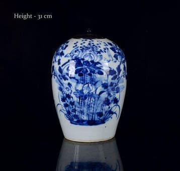 Een blauw-witte Flowers pot en deksel - Porselein - China