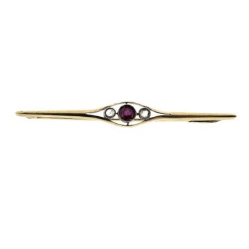 Gouden broche met robijn en diamanten; 0,12 ct., Sieraden, Tassen en Uiterlijk, Broches, Gebruikt, Overige kleuren, Ophalen of Verzenden