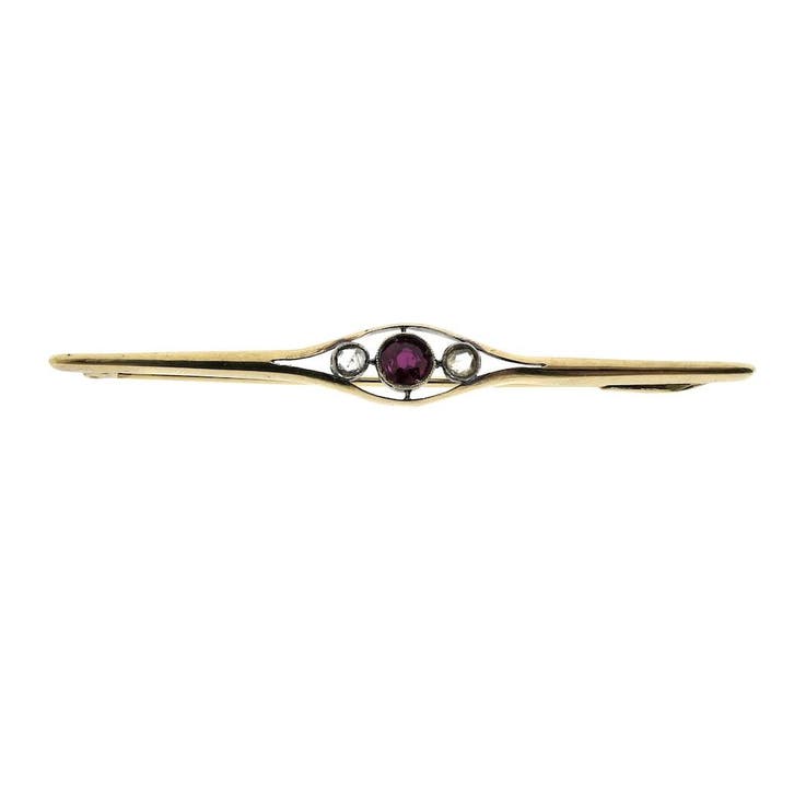 Gouden broche met robijn en diamanten; 0,12 ct., Sieraden, Tassen en Uiterlijk, Broches, Overige kleuren, Gebruikt, Met edelsteen
