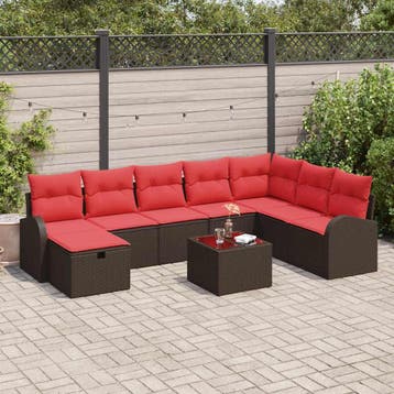 vidaXL Bankstel 9 st 8-Aantal zitplaatsen Bruin en Rood poly, Verzenden, Nieuw, Rotan, Meer dan 8 zitplaatsen