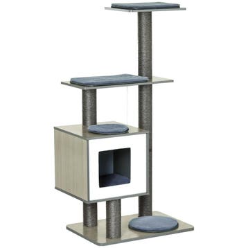 Krabpaal Van Hout Met Platforms En Kattenbox, Speelbal, Grij, Verzenden, Nieuw