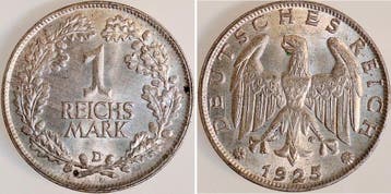Duitsland 1 Reichsmark 1925 D prfr/stgl Top zilver, Verzenden