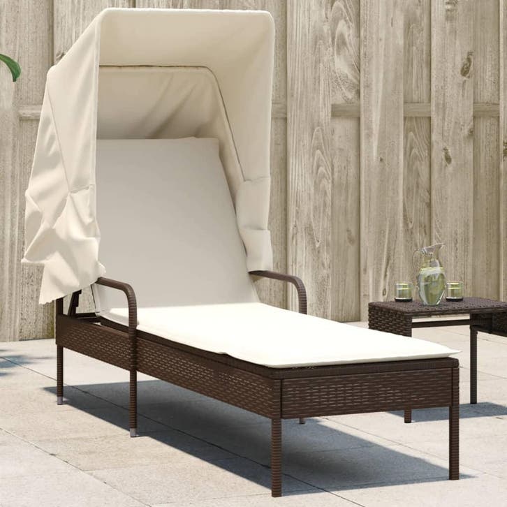 vidaXL Ligbed met luifel poly rattan bruin, Tuin en Terras, Ligbedden, Nieuw, Verzenden
