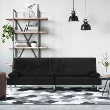 vidaXL Slaapbank met bekerhouders kunstleer zwart, Verzenden, Nieuw, Leer, 200 tot 250 cm