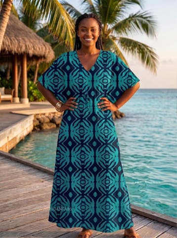 Boho rayon kaftan jurk met tailleband - Turkoois Navy Ocean, Ophalen of Verzenden, Nieuw