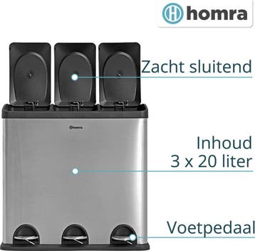 2dekans | Homra Maxer Pedaalemmer 60 Liter - RVS Prullenbak, Ophalen of Verzenden, Zo goed als nieuw