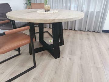 Massief Eiken ronde tafel met Metalen dubbele U Poot, Rond ronde eik eiken eikenhout massief 110 120 130 140 150, Overige houtsoorten