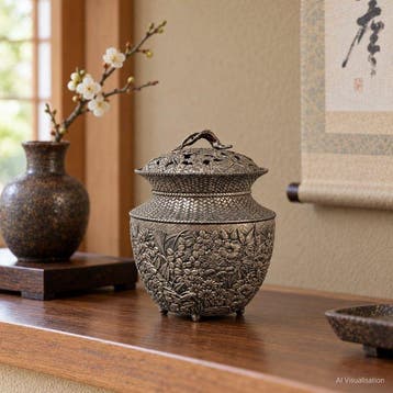 Japanse metalen wierookbrander – Chrysanten en vogels in