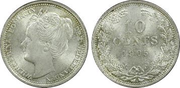 Koningin Wilhelmina 10 cent 1905 PCGS MS66 Ex. NM Collection, Postzegels en Munten, Verzenden, Zilver, 10 cent, Koningin Wilhelmina