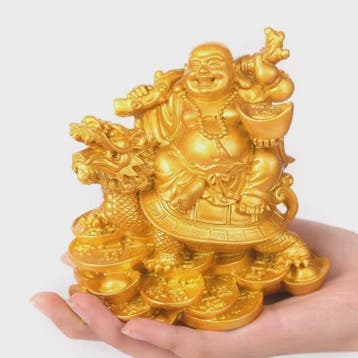 Gouden Lachende Boeddha Beeld met Draak en Schildpad - Feng, Verzenden