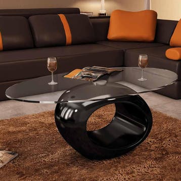 vidaXL Salontafel met ovale glazen tafelblad hoogglans zwart, Huis en Inrichting, Tafels | Salontafels, 100 tot 150 cm, Verzenden