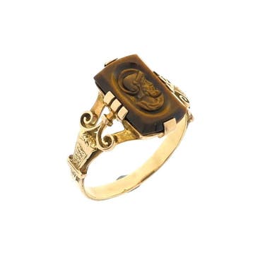 Gouden ring met tijgeroog; Camee, 18 tot 19, Gebruikt, Ophalen of Verzenden, Met edelsteen