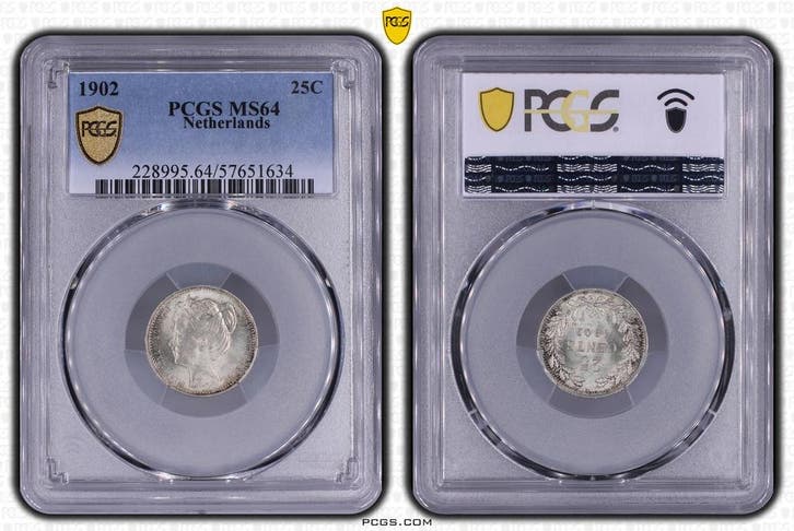 Koningin Wilhelmina 25 cent 1902 MS64 PCGS gecertificeerd, Postzegels en Munten, Munten | Nederland, Losse munt, 25 cent, Koningin Wilhelmina