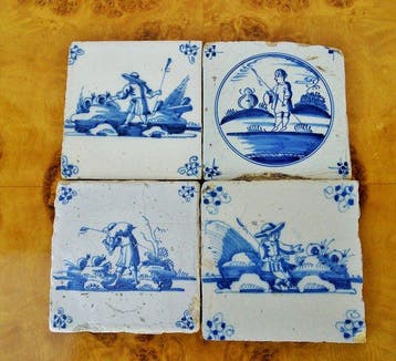Tegel (4) - Set van 4 herdertegels - 17e & 18e eeuw