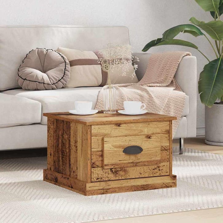 vidaXL Salontafel met lade Oud Hout 50 x 50 x 35 cm Bewerkt, Huis en Inrichting, Tafels | Salontafels, Nieuw, 50 tot 100 cm, Overige houtsoorten