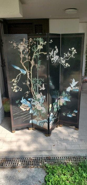 Vintage Chinees kamerscherm, dubbelzijdig, in zwarte lak. -