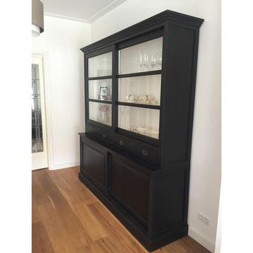 Buffetkast deuren lades zwart/wit nu 210 cm.br.laagste prijs, Nieuw, 200 cm of meer, Met lade(s), Glas