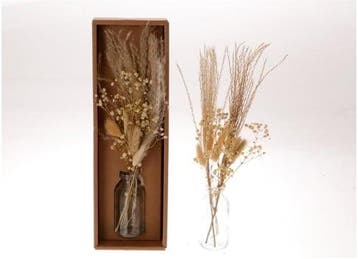 Droogbloemen arrangement in geschenkdoos incl. fles naturel, Ophalen of Verzenden, Nieuw