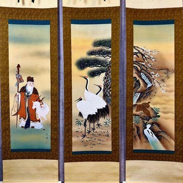 Jurojin, Kranen en Schildpadden – Drieluik - Zijde - Japan -, Antiek en Kunst